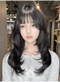 軽めミディアムレイヤー/くびれレイヤー/グレージュ/顔周り