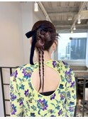 ヘアセット結婚式ドレスヘアタイトリボン編みおろしカチモリヘア