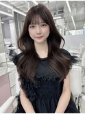 グレージュカラー/ロングレイヤー/韓国くびれヘア/透明感カラー