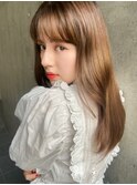 ニュアンスカラーことりベージュ斜めバングレイヤーロング銀座
