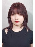 前髪あり赤系カラー外ハネくびれロブ