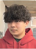 原宿メンズマッシュウルフ無造作シャドウパーマツーブロック黒髪