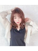 小顔セミウェットウェーブピンクベージュハイライトカラー