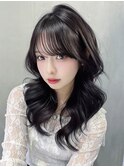 韓国ヘアロング前髪カット顔周りレイヤー黒髪_F40915