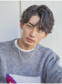 【men`s】フェザーパーマグレー刈り上げショートブルーカラー