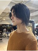 =メンズボブ/ダークアッシュ/ニュアンスパーマ／メンズウルフ