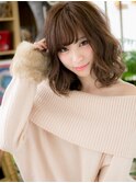 斜めバングココアブラウン小顔くせ毛風パーマh420代30代40代