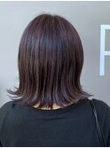 パープルブラウン切っぱなし外はねボブ