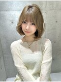 ★丸型逆三角ホワイトグレージュデジタルパーマチェリーブラウン