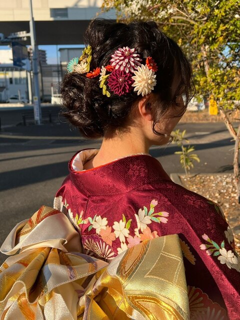 成人式　振袖着付け　ヘアセット　つまみ細工×編み込み