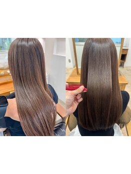 ダメージを最小限に抑えた髪質改善ストレートで、クセを伸ばしながら艶やかでナチュラルな仕上がりに♪