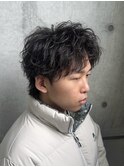 無造作ショートマッシュウルフルーズパーマ黒髪アップバング短髪