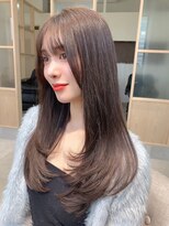 アム 表参道(am) 小顔薄めバンググレージュレイヤーロング前髪パーマ黒髪