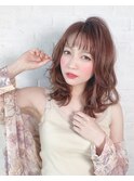 小顔セミウェットウェーブピンクベージュハイライトカラー