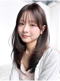 グレージュロング暗めカラー韓国ヘア顔周りレイヤー_F1128