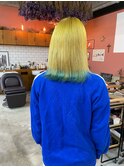 ケアブリーチデザインカラーイエローターコイズ裾カラー鎖骨ボブ