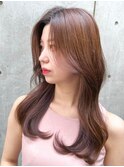 レイヤーカットオリーブベージュ 顔周り 小顔 韓国ロング 仙台