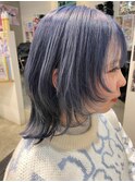 ブルーシルバー ウルフカット ネイビーブルー インナーカラー