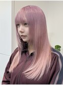 ミルクティーピンクグレージュミディアムウルフレイヤー長めボブ
