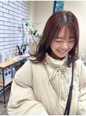 大人かわいい20代30代シースルーバング毛先カール×ブラウン