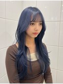 ロングレイヤーカット韓国ヘアブルーカラー広島レイヤーカット