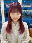 ピンクロングハイトーンブリーチワイドバングイメチェンレイヤー