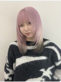 ミルクティーピンクグレージュミディアムウルフレイヤー長めボブ