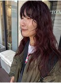 クルクルパーマ×ワインレッドカラー