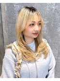 顔まわりハッシュカットロングミディアムレイヤーウルフブロンド