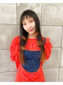 毛先カラー裾カラーパッツンオレンジカラーロング姫カット