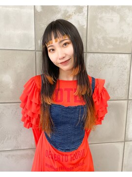 テトヘアー(teto hair) 毛先カラー裾カラーパッツンオレンジカラーロング姫カット
