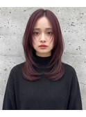 小顔暗めボルドー色艶ミディアム顔周り人気レイヤーカット韓国風