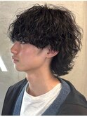 波巻きパーマ ウルフ マッシュ ミディアム ツーブロック