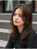 ミディアムレイヤー髪型20代30代前髪あり前髪なし面長丸顔川口