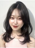 ミディアムレイヤーシースルーバングハッシュカット渋谷美容室
