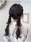 ツインテール三つ編みヘアセットアイドルライブヘアメイクリボン