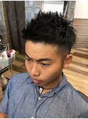 黒髪ワイルドビジカジ爽やか細束ツーブロックショート