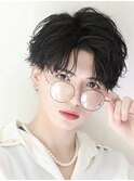 韓国ヘアカルマパーマコンマバングセンターパート黒髪ウルフ