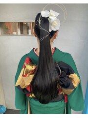 成人式　振袖アレンジ　ポニーテール　金箔・水引　ヘアセット