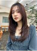 顔周りレイヤーグレージュミディアムロング前髪