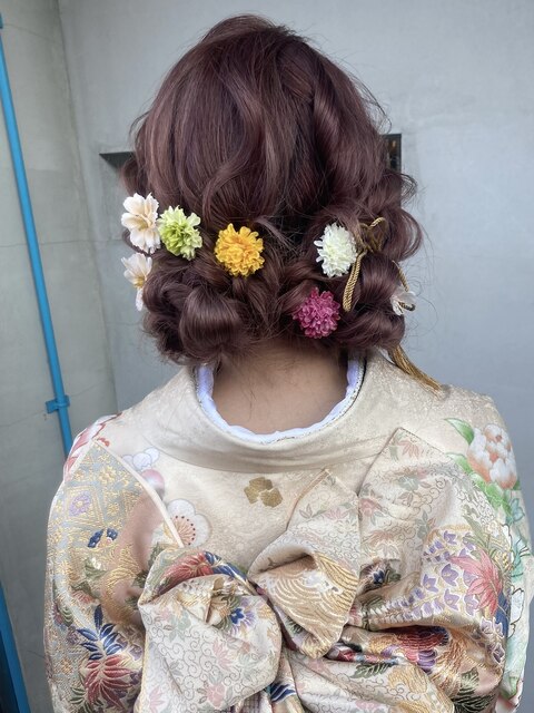 成人式　振袖アレンジ　ふわふわツインお団子　ヘアセット