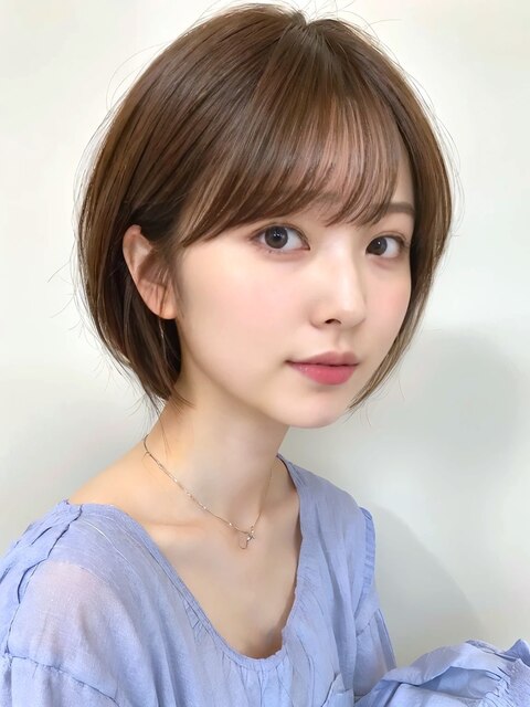 ふわっと丸みショートボブ 前髪あり くびレイヤー春ヘアスタイル