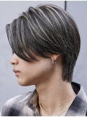 原宿毛流れセンターパートハイライトカラーメンズウルフカット