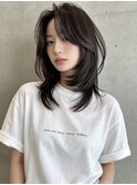 裾カラーウルフボブレイヤーボブオリーブグレージュくらげヘアー