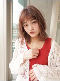 ロングボブ×ピンクベージュ