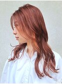 オレンジカラー ハイライト レイヤーカット ロングヘア
