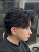 韓国へアカルマパーマワックスなしセンターパート黒髪ウルフ