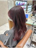ロング レイヤーカット 赤 ケアブリーチ ケアカラー ハイライト