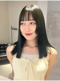 黒髪ストレート/姫カット/アッシュブラック/ぱっつんバング/