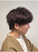 マッシュウルフショートニュアンスパーマメンズカラーブラウン